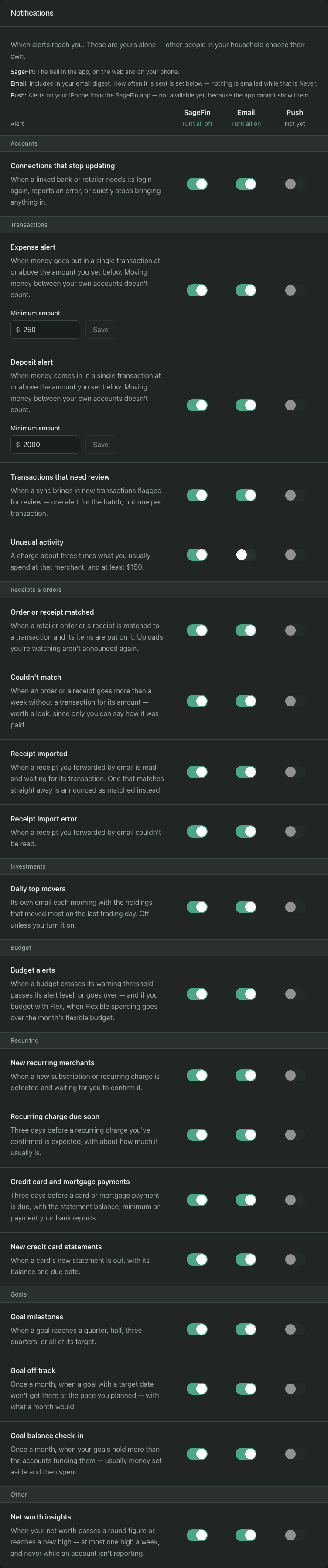 The Notifications settings grid: every alert listed down the side, grouped under headings such as Accounts and Transactions, with a switch for SageFin, Email and Push across the top, and a Minimum amount field under the Expense and Deposit alerts. Push is shown but cannot be switched on.