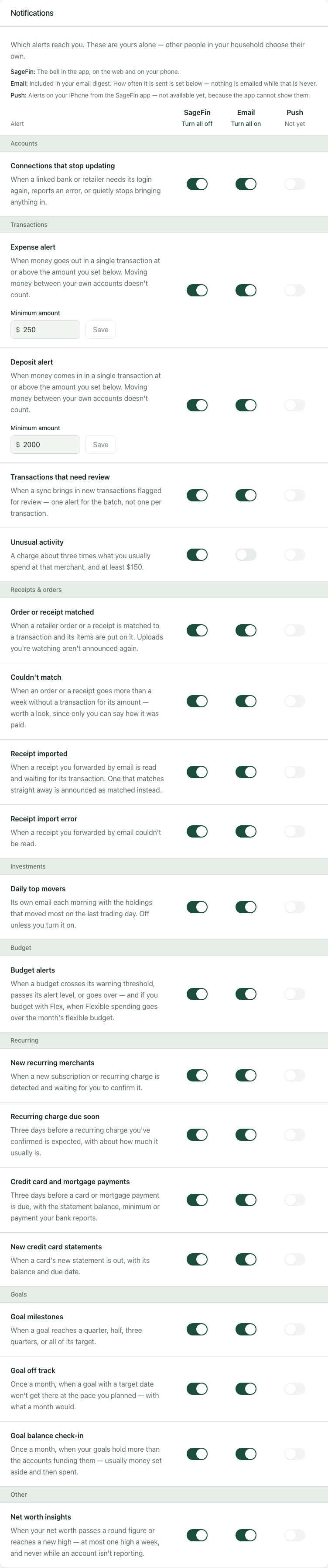 The Notifications settings grid: every alert listed down the side, grouped under headings such as Accounts and Transactions, with a switch for SageFin, Email and Push across the top, and a Minimum amount field under the Expense and Deposit alerts. Push is shown but cannot be switched on.
